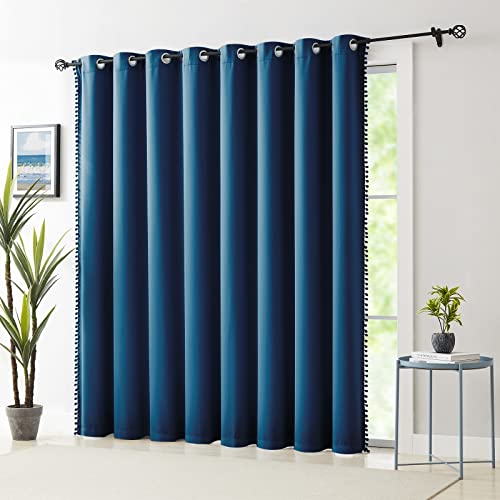Image of Treatmentex 100% Blackout Patio Door Curtains 100x84 Navy Blue Pom Pom Curtain Panels for Sliding Glass Door, Energy Efficient Thermal Insulated Blackout Curtains for Living Room Bedroom Grommet Top