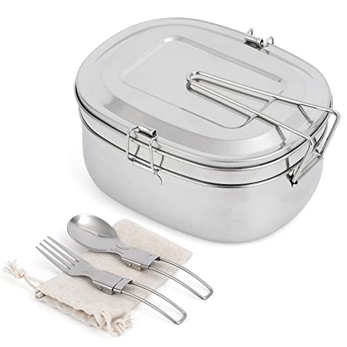 JAZUIHA Edelstahl Brotdose Groß - Lunchbox Metall 2000ml Jausenbox inkl. klappbar Besteck - Frischhaltedose Bento Box Doppeldecker Brotzeitdose für Büro Camping Ausflug Cover
