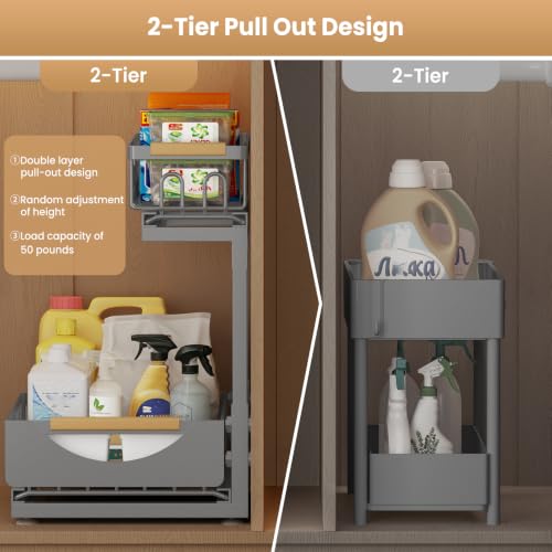 Image of Under Sink Organizer and Storage for Bathroom and Kitchen - 2 Pack 2 Tier | Cabinet Pull Out Shelf Organizers - Slide Out Drawer Organization for Home Cabinets Shelves and Drawers