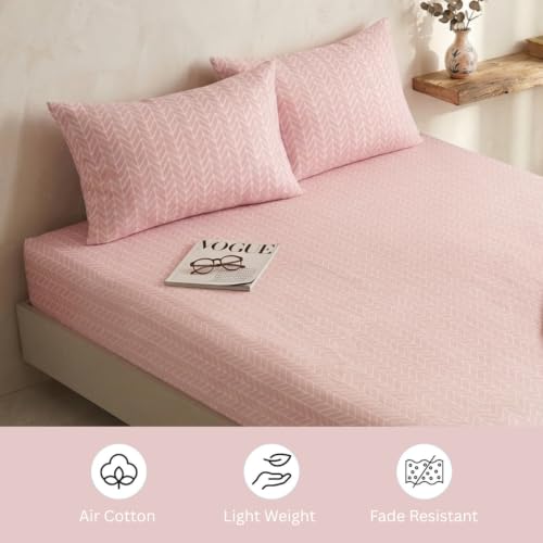 Image of Marrow Lane 300 TC Soft Air Cotton King Size Bedsheet Bed Sheet for King Size Bed (108x108 Inches) with 2 Pillow Covers | Ultra Soft, Breathable & Durable | Herringbone Arrow Design | Pink