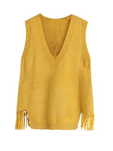 MakeMeChic Women's Fringe Hem Sweater Vest Sleeveless V Neck Loose Knitted Tank Top