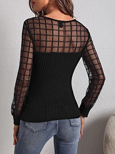Mulheres Tops Xadrez de contraste Malha (Color : Black, Size : M)