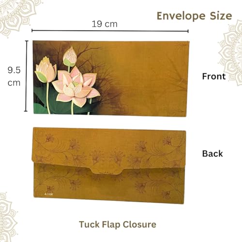 Image of Pack of 20, Lotus Blossom Design Shagun Envelopes for Gifting Cash Money Cover Velvet Finish Paper Tuck Flap Designer Fancy Sagan Lifafa Wedding, 19 X 9.5 cm, Royal Brown Color