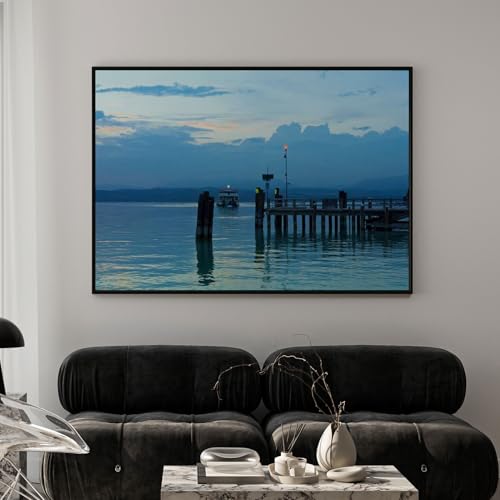 Image of ARTCREST Lake Garda Pier Painting Canvas Wall Art | Black Framed Scenic Lake Landscape Painting for Living Room, Bedroom or Office Walls | Large Decorative Canvas Wall Decor (16x20 Inches)