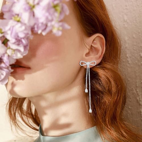 Silver Bow Earrings - Sparkle Long Dangle Rhinestone Drop Bling Gold Bowknot Earrings2