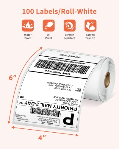 Image of 100 PCS 4x6 Thermal Label Roll - White 4 inchx6 inch Labels Shipping Supplies Labels for Thermal Label Printer - Permanent Adhesive Thermal Shipping Label for Shipping Packages - Water /Oilproof Mailing Labels