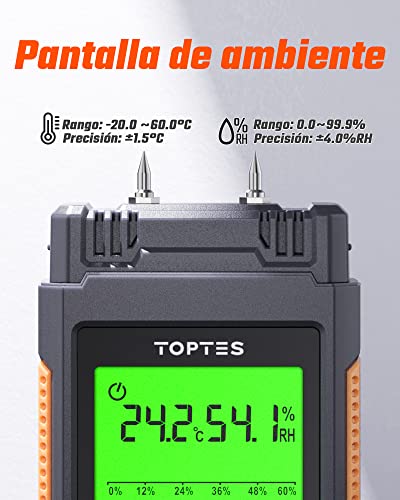 Miniatura 8 de Toptes Ts-630 Medidor Humedad De Pared Y Madera Con Pantalla Retroiluminada Tricolor, Medidor Temperatura Y Humedad, Pantalla Lcd De 2,25 Pulgadas - Naranja