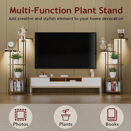 Image of Homsorout Plant Stand Indoor with Grow Light - 5-Tier Metal Plant Shelf with Hanging Basket Hook, Corner Tall Flower Holder for Multiple Plants, Living Room Balcony Garden Patio, Rustic Brown