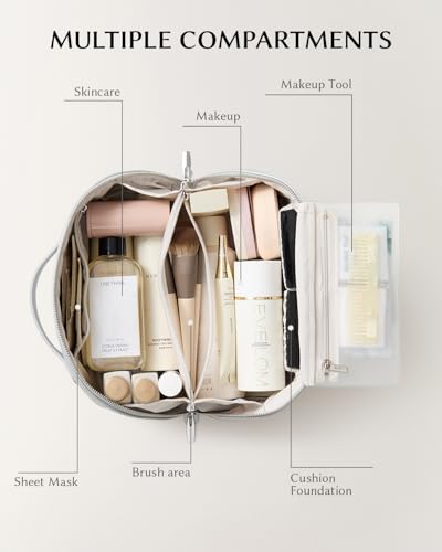 Image of EACHY Travel Makeup Bag, Large Capacity Cosmetic Bag for Women, Waterproof PU Leather, Flat Open Portable Toiletry Bag for Skincare, Brushes & Travel Essentials