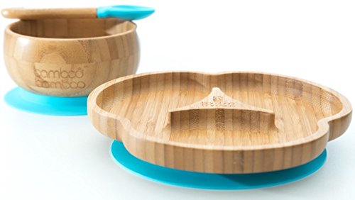 Miniatura 4 de Bamboo Bamboo Plato Para Bebé Y Niño Pequeño, Plato Dividido De Bambú Con Succión Segura Para Alimentación Y Destete, Vajilla Antideslizante Para Bebés Desde 6 Meses Dividido, Azul