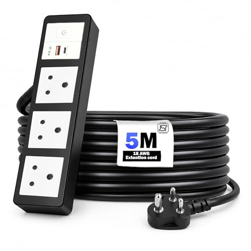 Image of MX 35W Extension Board PD GaN Charger Super Fast Charging 1 USB-A + C, 3 Indian 6A Sockets (2600W) Multiport Desktop Power Strip for iPhone, Android, Laptop, Tablet Charging Station 5M Cable