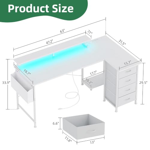 Image of VERMESS 63 inch Reversible L Shaped Gaming Computer Desk, Corner Desk with Power Outlets & Monitor Stand, Writing Study Table with 4 Storage Drawers, Desk with LED Lights, White