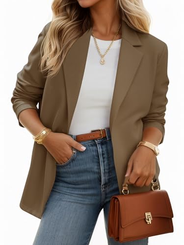 Cicy Bell Womens Casual Knit Blazer Long Sleeve Open Front Blazers Stretchy Work Office Suit Jackets with Pockets Dark Khaki