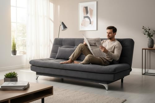 Image of FURNY Eagel 3 Seater Fabric Sofa Cum Bed with 2 Cushions (Dark Grey) Premium Velvet Fabric | Durable with Comfort | Perfect for Living Room, Bedrooms, Offices