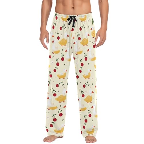 Men’s Cherries Ducks Pajama Pants with Pockets, Comfortable Lounge Sleep Bottoms#181