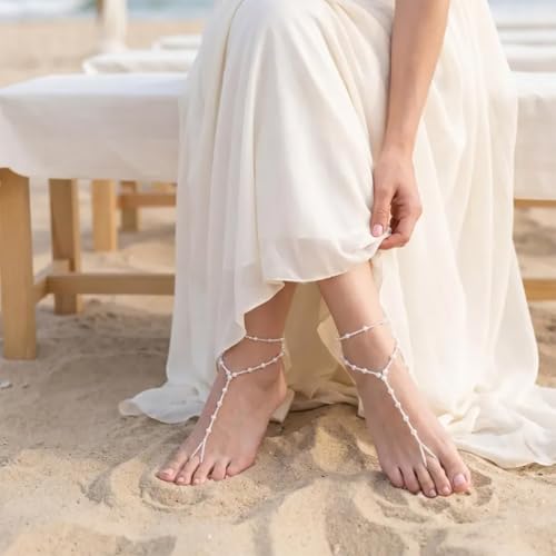Image of Yalice 2Pcs Layered Pearl Barefoot Sandals Elastic Beaded Foot Chain with Toe Ring Bridal Beach Wedding Foot Jewelry for Women
