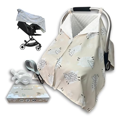 VITAUJ Parasol Carrito Bebé 4 en 1 – Manta Reversible Algodón y Minky – Protección Solar, Viento, Lluvia y Mosquitos – Pañuelo de Lactancia, Cochecito – Incluye Clips y Gancho
