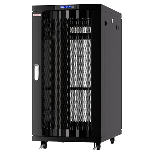 Image of 22U Server Rack Cabinet, 39 inch Deep 19 inch Floor Standing Network Enclosure, 1600 lb Capacity, 35 inch Rail Depth, Mesh Doors, 4 Fans, PDU, Shelf & Mounting Hardware