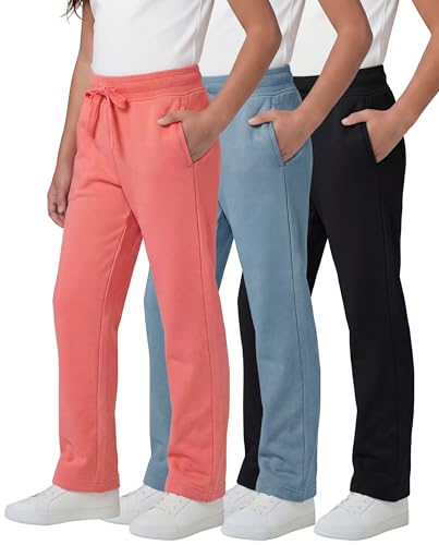 Image of Real Essentials 3 Pack: Girls' Fleece Open Bottom Soft Athletic Performance Casual Sweatpants(Ages 7-16)