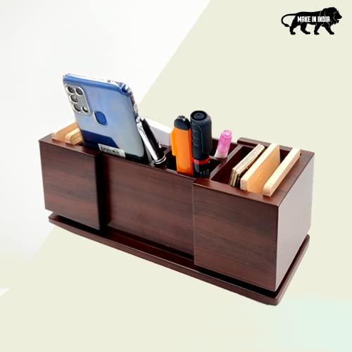 Image of Woodhouse Wooden Pen Stand with Clock, Office Table & Study Table Organiser, Brown