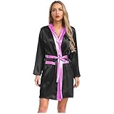 Linjinx Damen Boxing Robe Training Robe Boxermantel mit Kapuze im Seidenlook Muay Thai Gown mit Gürtel Kapuzenmantel Kickboxing Kampfsport Sportanzug Black&Pink 40