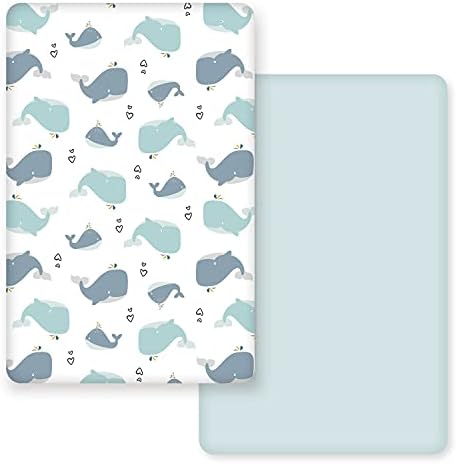 GRSSDER Stretchy Ultra Soft Jersey Knit Fitted Pack n Play Sheets Set 2 Pack, Portable/Mini Cribs Playards Sheets, Universal Fitted Pack and Play Mattress Sheets, Lovely Whale for Girls and Boys