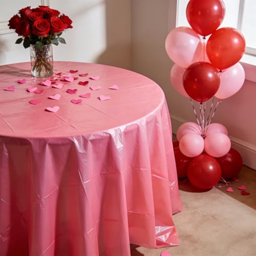 Image of CIEOVO 12 Pcs Valentine's Day Plastic Tablecloths, Disposable Round Red Pink Table Cover 84 Inch Waterproof Table Covers for Valentine's Day Family Wedding Birthday Bridal Shower Party Decorations