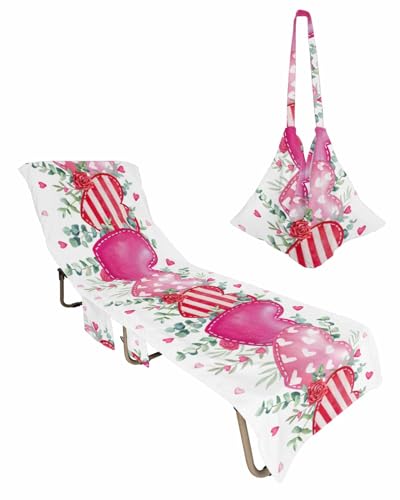 Valentine's Pink Love Beach Chair Towel Covers for Chaise Lounge with Side Pocket, Soft Plush Pool Towels Cover for Patio Sunbathing Outdoor 29''x85'' Valentine Eucalyptus Simple White