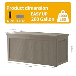260 Gallon Resin Deck Box Waterproof Outdoor Storage Box Lockable for Patio Furniture Garden Tools Pool Accessories UV Resistant for All Weather Use Coffee