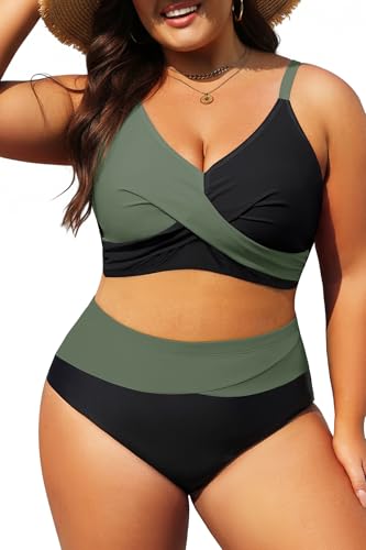 Image of Tempt Me Plus Size High Waisted Two Piece Swimsuit Color Block Bikini Set | Removable Padded Cups for Large Bust, Twist front Design, Color Block Style, Adjustable Straps