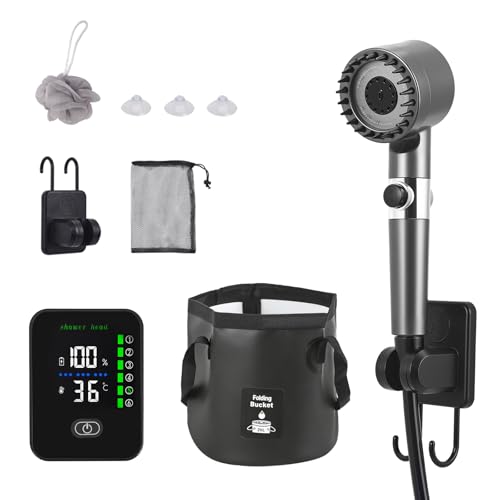 Yapasopu Duchas solares LCD, ducha solar portátil, 8000 mAh, recargable, ducha de camping con bomba, ducha móvil, cabezal de ducha filtrable para jardín, lavado de coche, playa, camping, mascotas
