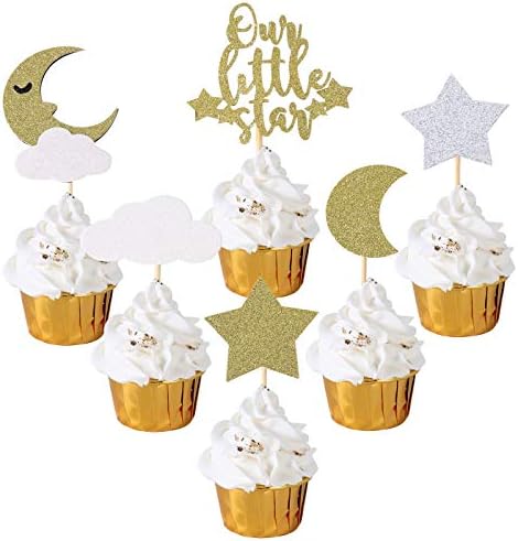 Twinkle Twinkle Little Star Cupcake Cake Toppers Glitter Decoration Baby Shower Moon Food Picks Sticks Wedding Birthday Party Favors Little Star Cupcake Toppers Star Theme Gender Reveal Supplies
