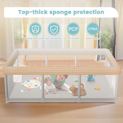 Image of besuhot Baby Playpen Extra Large Play Yard 74 inch x 50 inch Playpen for Babies and Toddlers with Anti-Slip Suckers and Zipper Gate, Safety Baby Activity Center for Indoor & Outdoor