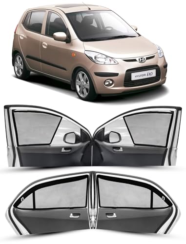 Image of Autofact Magnetic Car Sunshades Compatible with Hyundai i10 Old (2007 to 2017) (Set of 4) - Easy Installation, UV Protection (Front 2 Half-Cut for Side Mirror Visibility, Rear 2 with Zippers)