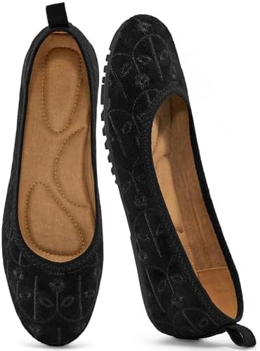 Ecetana Ballet Flats Shoes for Women: Dressy Casual Foldable Flats Comfortable Round Toe Slip On Loafers Black