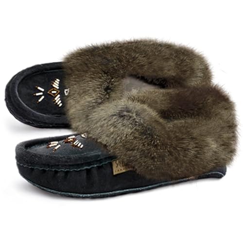 Laurentian Chief Moccasin Slippers for Women – Ladies Comfortable Slippers with Real Rabbit Fur Trim and Soft Faux Lining – Canada Quality Beaded Style Warmie Shoes for House Indoor