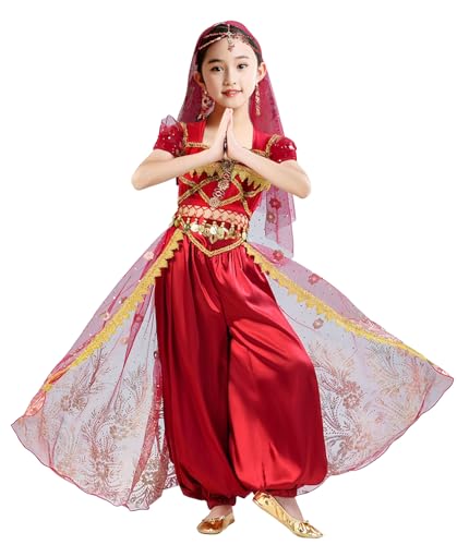 ZYACTU Girls Aladdin Jasmine Princess Dress Up Party Belly Dance Halloween Performance Costumes Cosplay Outfits 11B Tag M,Wine Red