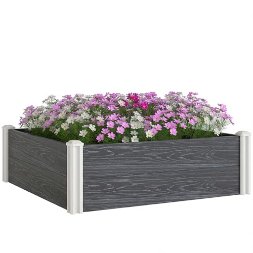 Outsunny Letto Rialzato da Giardino in Vinile, 102x102x33 cm, Kit Modulare con Gambe ad Incastro e Fondo Aperto, Fioriera Orto Rialzato da Esterno per Fiori, Erbe e Verdure, Grigio Scuro