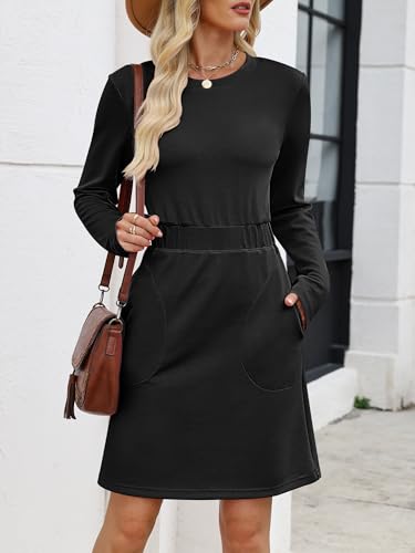 ANRABESS Womens Long Sleeve Dress 2025 Fall Casual Elastic Waist Short Mini T Shirt Dresses with Pockets Travel Outfits4