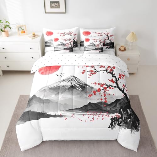 Feelyou Japanese Comforter Set Full Size 7 Pieces, Boys Girls Japan Fuji Mountain Bedding Set for All Season, Women Men Exotic Style Bed in a Bag with Comforter, Sheets, Pillowcases & Cushion Cover