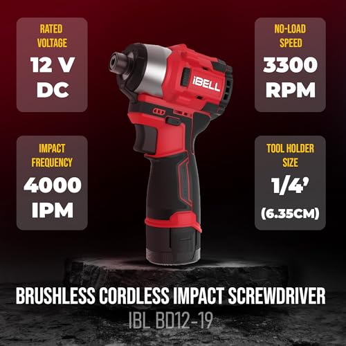 Image of IBELL IBL BD12-19 12V Brushless Cordless Impact Screwdriver | 185Nm Torque | 2-Speed | Forward & Reverse | 1 /4 inch Hex (6.35mm) | Self-Tapping Mode | 1500mAh Battery | 12 Months Warranty