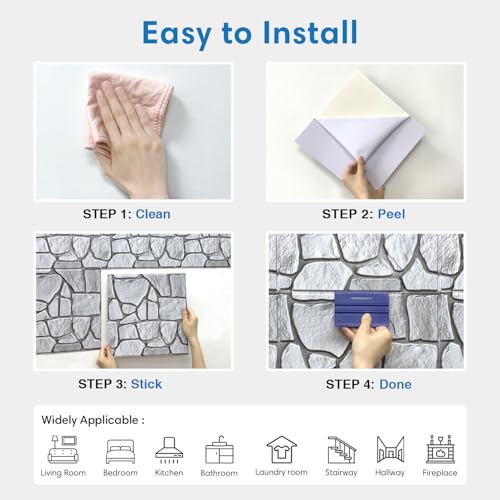 COMSTICKC 3D Faux Gray Stone Wall Sticker Peel and Stick Wall Panels,10 Pcs of 12"X12",Ultra-Light Thin PVC Decorative Tiles Rocks Stone Backsplash Interior Decor,Paintable by COMSTICKC - Used condition - Image 9