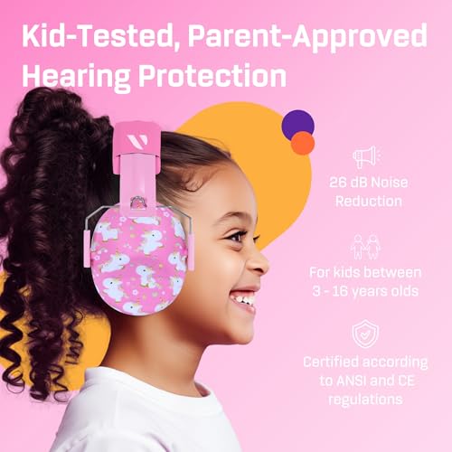 Vanderfields Premium Hearing Protection Ear Defenders - Broad Spectrum Sound Reduction 33.2dB at 2K Hz Noise Cancelling - Headset Safety Noise Cancellation - Headphones Kids 3-12 - Pink