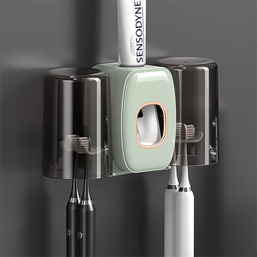 Foeska Juego de Estante de Cepillo de Dientes con 2 Tazas, 4 Ranuras para Cepillo de Dientes, Estante de Almacenamiento de baño Que Ahorra Espacio, fácil de Instalar (Verde)
