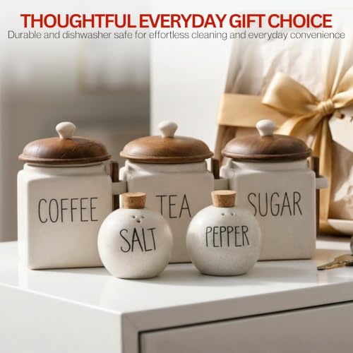Image of Premium Kitchen Storage Set with Wooden Lids - Tea, Coffee & Sugar Jars with Salt & Pepper Shakers | Modern Kitchen Decor | Airtight Containers Combo (Set of 5)