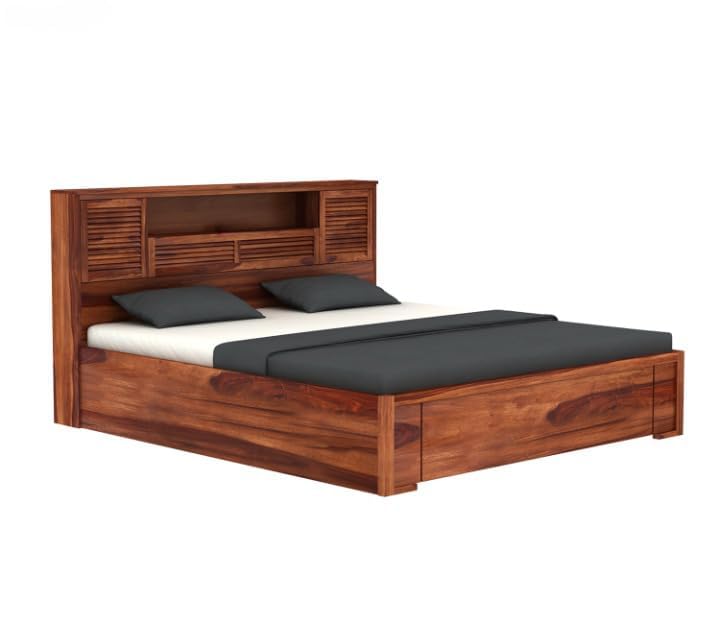 Image of Solid Wood Bed with Storage | Modern Wooden Bed with Slatted Headboard | Strong & Durable Bed Frame for Bedroom Home & Hotel (Honey Finish, King)