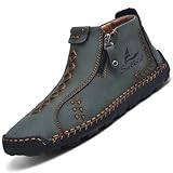 Mens Casual Leather Shoes Ankle Chukka Boots Handmade Side Zipper Mid top Slip On Loafers Fashion Lightweight Walking Driving High Boots (Dark Green,11,Men,11)