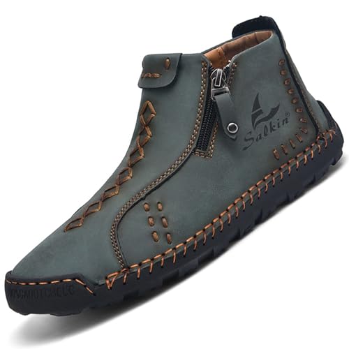 Mens Casual Leather Shoes Ankle Chukka Boots Handmade Side Zipper Mid top Slip On Loafers Fashion Lightweight Walking Driving High Boots (Dark Green,11,Men,11)