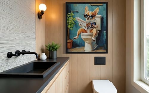 Image of Chihuahua on Toilet Black Framed Wall Art Print Poster, Dog Bathroom Humor Decor Posters Prints for Restroom Home Picture Painting Artwork Gallery 7 (Chihuahua, 10 inchL x 8 inchW, Black Frame)