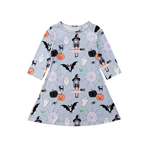 Younger Tree Toddler Baby Girls Clothes Halloween Dress Cartoon Pumpkin Ghost Spider Print Outfits (5-6T, Blue Floral Dress Halloween) #TOP10
